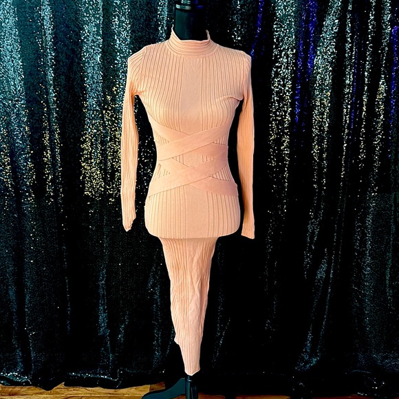 Very Fitted Light Pink Bandage Long Sleeve Dress - Knit Ribbed - Picture 2 of 3